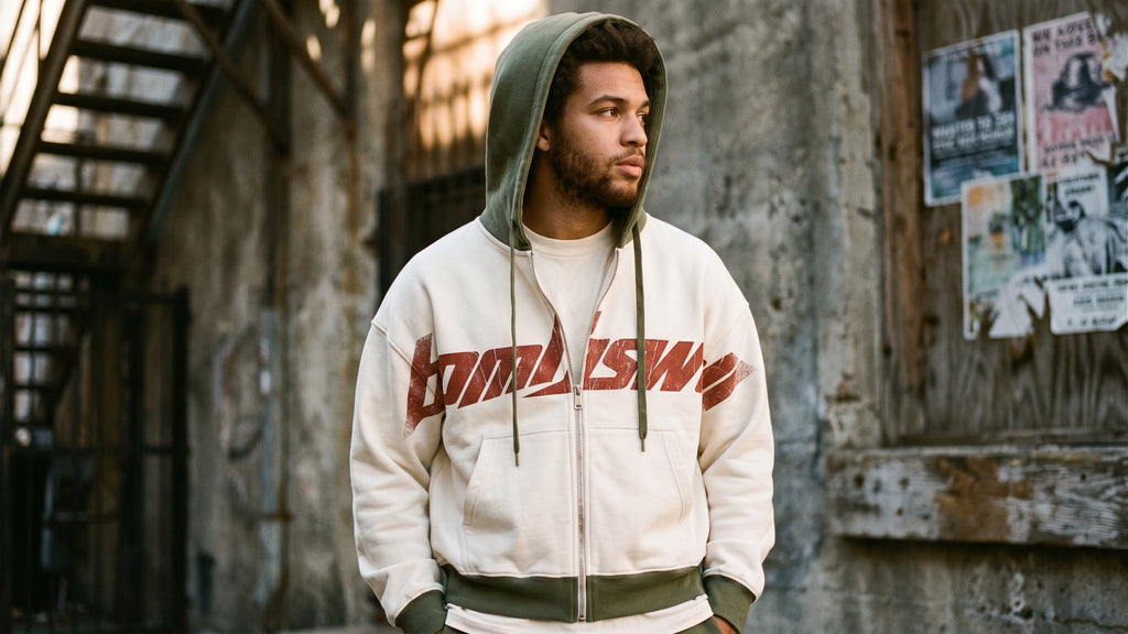 Bomb Swell Colorblock Script Zip Hoodie — Sudadera Crema/Oliva