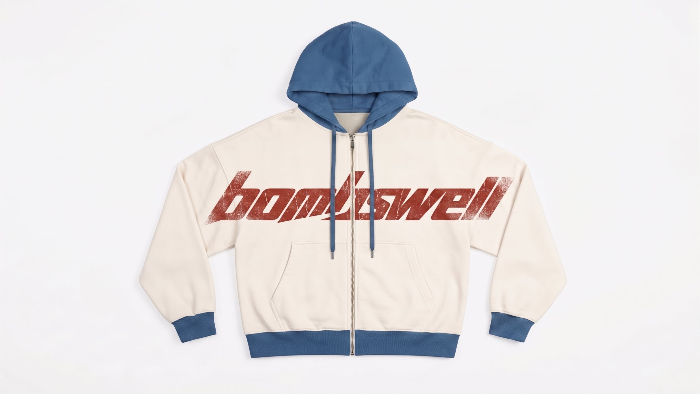 Sudadera con cremallera colorblock crema y azul con wordmark bombswell grande en el pecho