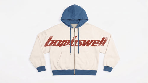 Sudadera con cremallera colorblock crema y azul con wordmark bombswell grande en el pecho