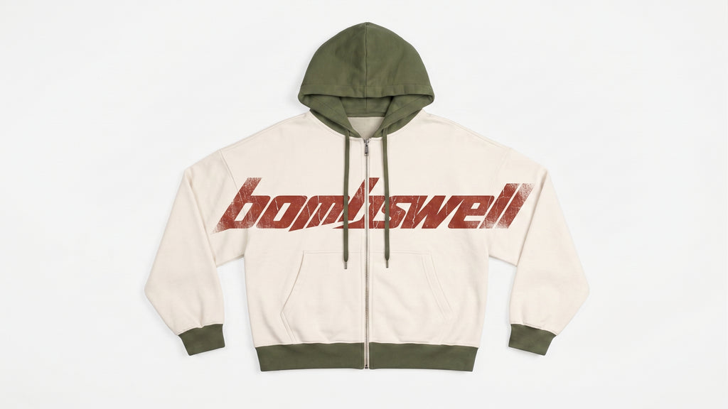 Sudadera con cremallera colorblock crema y oliva con wordmark bombswell grande en el pecho