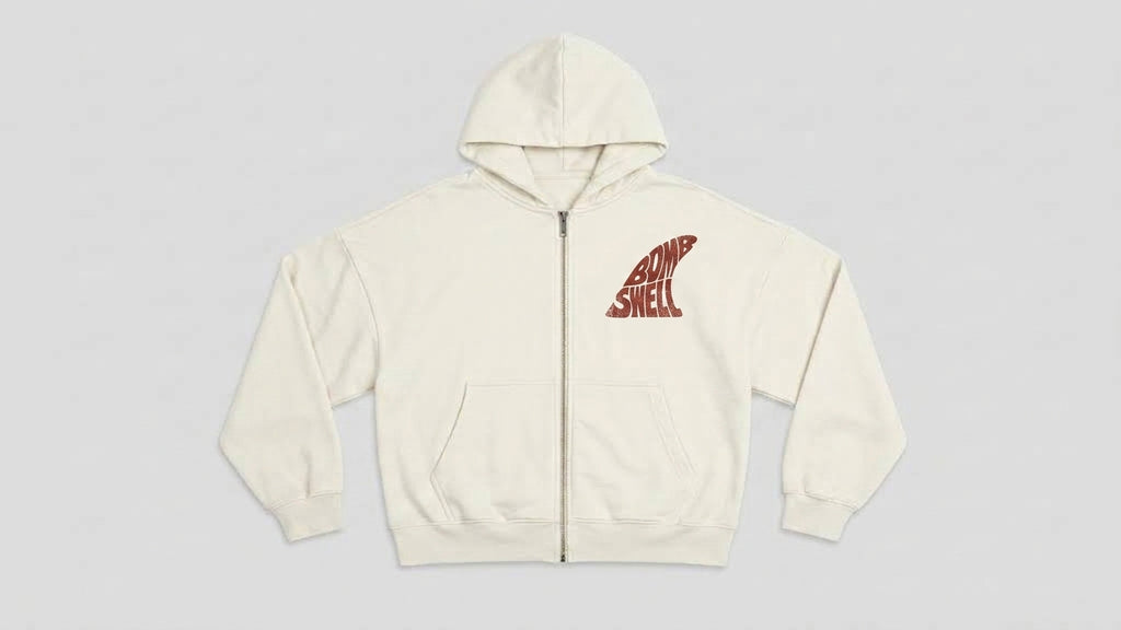 Sudadera con cremallera oversize crema Bomb Swell con logo fin en tinta rust en el pecho