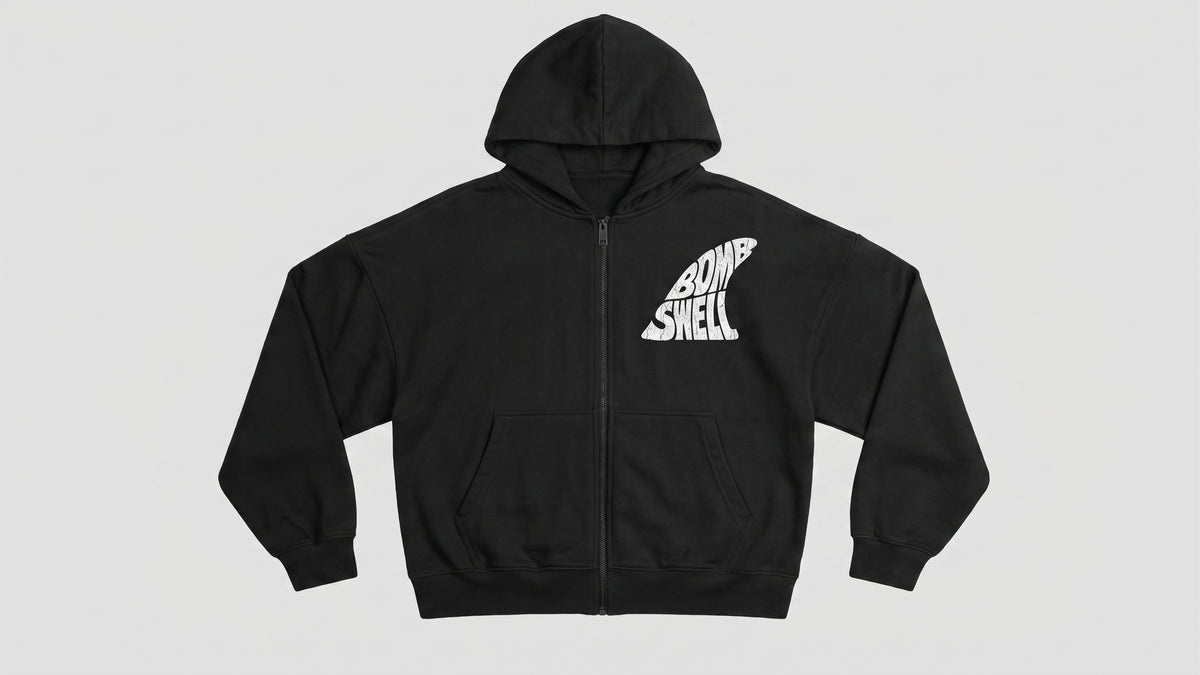 Sudadera con cremallera oversize negra Bomb Swell con logo fin en el pecho