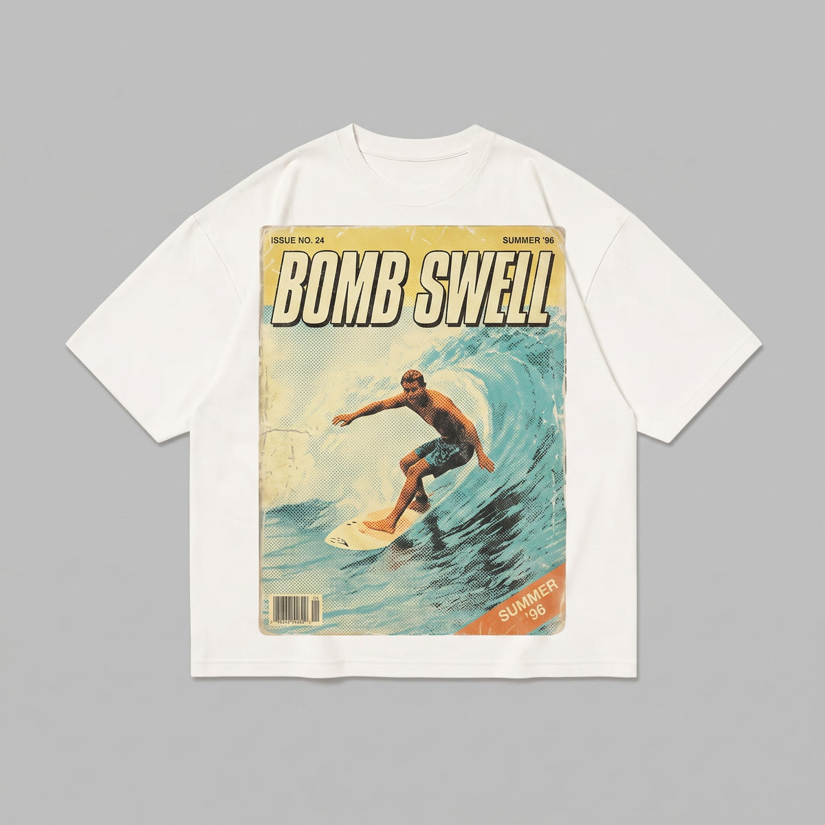 Camiseta oversize blanca con estampado de portada de revista de surf vintage Bomb Swell Summer 96